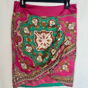 Vibrant Silky Pink and Green Boho Ruched Mini Skirt